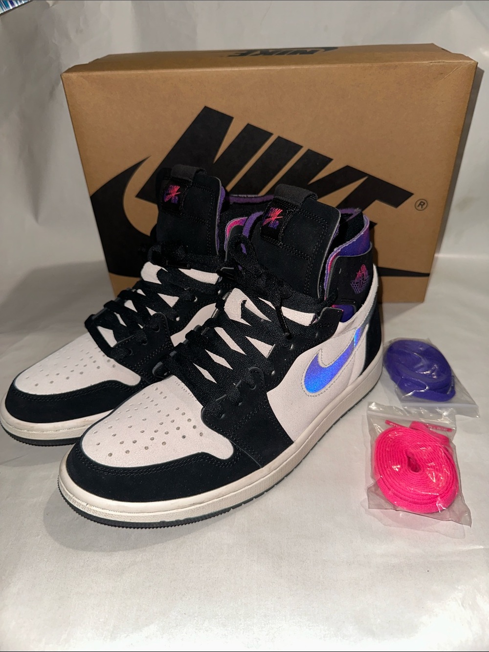 Nike PSG Jordan 1’s — Black, White & Purple Iridescent Swoosh